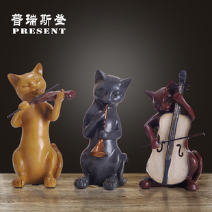 树脂美式乡村小猫装饰品摆件，结婚礼物酒柜摆设三只猫乐队提琴喇叭