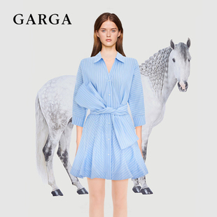 GARGA法式蝴蝶结系带条纹衬衫连衣裙女polo领设计感蝙蝠袖短裙子