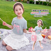 女童套装儿童洋气夏装小女孩蝴蝶结印花短袖T桖韩版半身裙5两件套