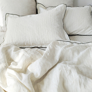 软糯感法国亚麻水洗色织条纹，设计款花边床单被套枕套四件套舒适