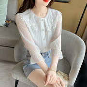 韩国雪纺衬衫女白色法式洋气大码宽松七分袖衬衣蕾丝镂空打底上衣