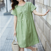 夏季纯亚麻连衣裙短袖圆领纯色，宽松版遮肉裙子，高端小个子休闲连衣
