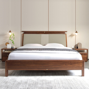 北美FAS级黑胡桃木实木床新中式真皮软包靠背现代简约卧室双人床