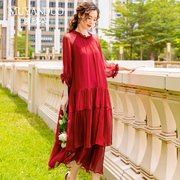 红色真丝连衣裙2024夏季真丝，长裙高端大牌桑，蚕丝茶歇法式裙子