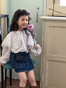 韩国童装女童长袖时髦大翻领复古白衬衫娃娃，衫牛仔短裙2024春夏