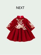 英国next女童周岁红色礼服，裙女宝宝加绒加厚唐装连衣裙长袖公主裙