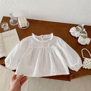 女童春装纯棉长袖提花娃娃衫0-5岁宝宝韩国白色镂空衬衣薄款裙衫