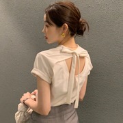 韩国chic夏季小众设计感时尚心机，蝴蝶结系带镂空露背短袖t恤上衣