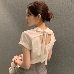韩国chic夏季小众设计感时尚心机蝴蝶结系带镂空露背短袖T恤上衣
