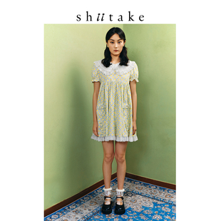 Shiitake诗塔克设计师品牌黄色清新日本印花短连衣裙甜美圆领短袖