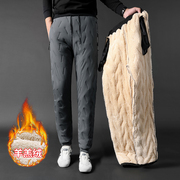 男士加绒加厚保暖长裤2023冬季防水羊羔绒，一体绒直筒裤子