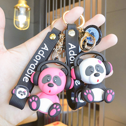 卡通粉色耳麦熊猫系列钥匙扣潮流车内钥匙链女生包包挂饰钥匙圈环