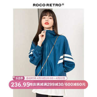 roco抗皱复古时髦蓝色，棒球服女短外套2024春季休闲夹克上衣
