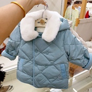 韩国童装23冬男女童，宝双排扣毛领带，帽纯色洋气羽绒服外套b4