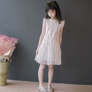 女童礼服公主裙童装，洋气儿童连衣裙夏装网红超仙白色裙子蕾丝飞袖
