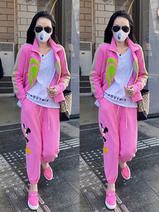 时尚套装女2023早春装宽松外套棒球服米奇图案粉色休闲卫裤潮