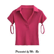 美式复古衬衫领袖口设计感显瘦慵懒风短袖，时尚百搭玫红色t恤
