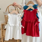 夏季女童背心荷叶连衣裙1-2-3-4-5-6-7岁婴幼儿童红色无袖公主裙
