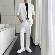 夏装宽松质感白色中袖西装男高级感通勤白色休闲短袖西服两件套潮