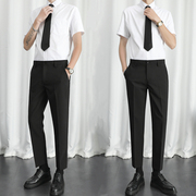 商务休闲一套装男士，短袖白衬衫九分黑西裤，修身上班工作服大码正装
