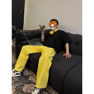 特大码300斤美式街头hiphop黄色百搭宽松牛仔裤男女款多巴胺长裤2
