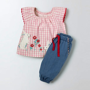 女童短袖红格子衬衫娃娃衫牛仔裤夏季套装半袖t恤灯笼裤2件套