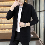 香港春秋季男士修身针，t织开衫毛衣外套，中长版风衣韩版翻领披