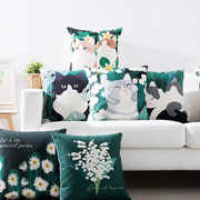 猫咪植物园棉麻抱枕靠枕，北欧清新美式沙发，靠垫办公腰靠飘窗抱枕垫