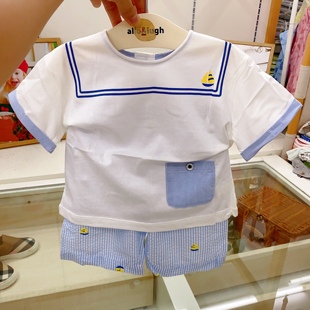 韩国童装 23夏男童海军风纯棉圆领短袖T恤 舒适短裤洋气套装