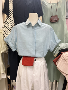 韩版夏季潮流时尚十三行文艺小清新净色短袖polo领单排扣衬衣