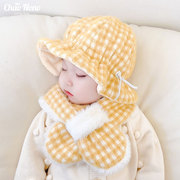 婴儿帽子围巾秋冬季格子婴幼儿男女宝宝渔夫帽加绒保暖新生儿胎帽