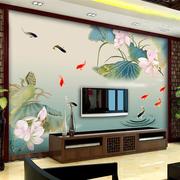 3d新中式f荷花壁纸客厅沙发，电视背景墙纸影视，卧室装饰壁画茶室