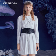 vjcolivia2023秋冬白色翻领，衬衫裙珍珠，烫钻连衣裙修身通勤高腰裙