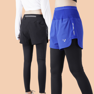 五个口袋秋冬跑步短裤女加绒健身薄款打底长裤假两件运动裤马拉松