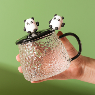 可爱熊猫耐热玻璃水杯带盖勺女生，高颜值马克杯子办公室咖啡牛奶杯