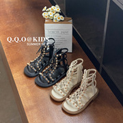 qqo童鞋2024年夏季女童，罗马鞋时尚铆钉，儿童露趾凉鞋中邦凉靴