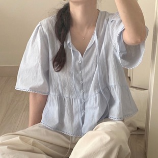 韩国chic夏日法式小众小清新提花系带圆领宽松娃娃衫花边短袖衬衫