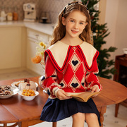 女童甜美格子裙套装冬装，2023儿童洋气针织上衣，百褶短裙两件套
