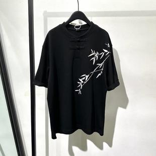 夏季流行改良中国风盘扣宽松圆领短袖T恤设计感复古树叶印花上衣