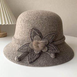 帽子女士秋冬羊毛盆帽气质优雅毛呢礼帽显脸小针织保暖渔夫帽