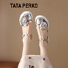 tataperko联名女鞋真皮花朵包头凉鞋女夏季包脚趾(包脚趾，)厚底粗高跟单鞋