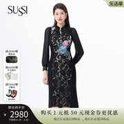 SUSSI/古色23秋商场同款黑色圆领网纱蕾丝刺绣高腰连衣裙女