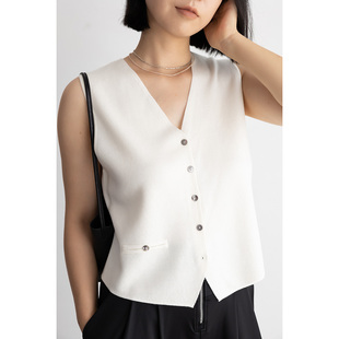 JENUNIQUE精纺羊毛法式时髦西装马甲气质白色v领女士短款针织背心