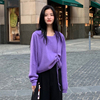 短款针织衫女早秋紫色复古洋气抽绳设计感纯色短款宽松显瘦薄毛衣