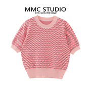 MMC 欧货重工小香风圆领时尚爱心西瓜红提花冰丝针织短袖T恤上衣
