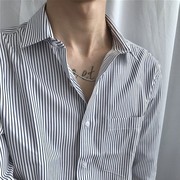 韩版修身条纹长袖衬衫男商务休闲复古方领宽松大码男士衬衣潮
