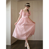 simpleretro天丝混纺法式粉色，泡泡袖纱裙，连衣裙女夏露背性感长裙