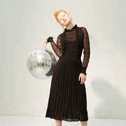 原创设计Lou de Nannan秋季通勤黑色蕾丝复古长袖收腰针织连衣裙