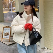pu皮棉服女短款2023冬气质小个子开衫外套韩版宽松面包服上衣