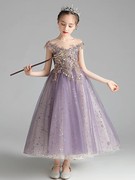 女大童礼服裙公主，裙花童大码紫色蓬蓬裙钢琴，主持人生日走秀演出服